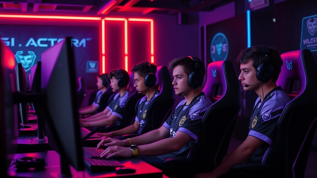 Five professional esports players sitting at gaming PCs in a modern team facility, wearing matching jerseys, intently focused on monitors during a competitive match, neon RGB lighting illuminating the dark space, high-end gaming peripherals visible