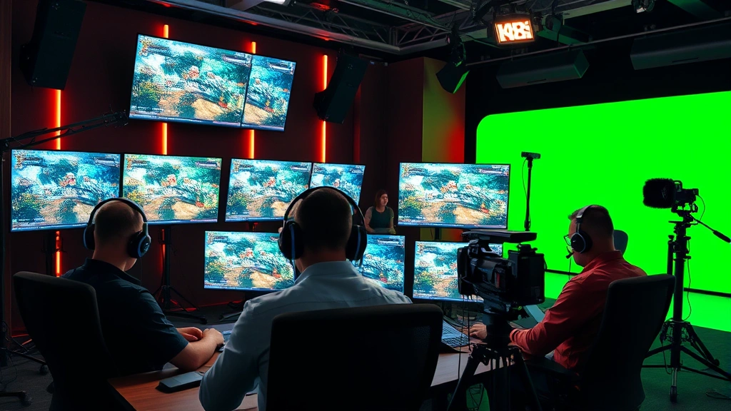 Group of streamers in a professional studio setting with multiple monitors showing different game interfaces, team members communicating through headsets, professional camera equipment and green screen visible, collaborative gaming environment