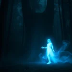 Ethereal ghostly figure materializing in a dark forest with mystical blue light surrounding it, photorealistic, moody atmospheric lighting, supernatural energy wisps floating in the air, no UI elements or text