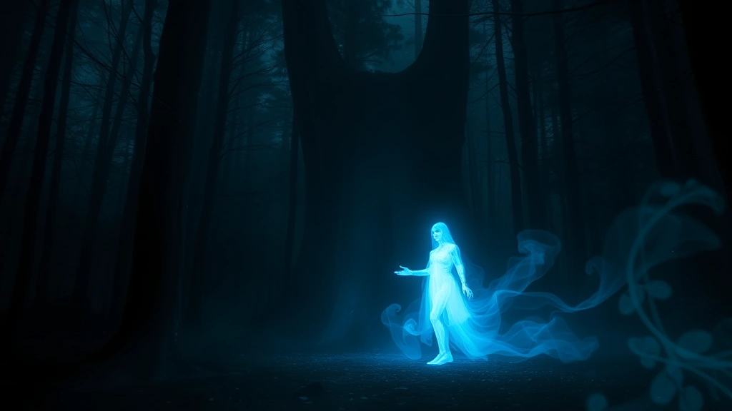 Ethereal ghostly figure materializing in a dark forest with mystical blue light surrounding it, photorealistic, moody atmospheric lighting, supernatural energy wisps floating in the air, no UI elements or text