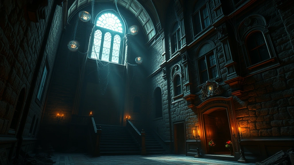 Ancient haunted mansion interior with towering stone walls, cobwebs, and supernatural phenomena like floating objects and glowing orbs, photorealistic, dim candlelight casting dramatic shadows, mystical energy visible, no HUD or menu elements