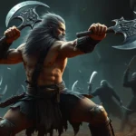 A muscular barbarian warrior mid-combat swing, dual-wielding massive axes against shadowy enemies in a dark dungeon, intense action, dynamic motion blur, photorealistic fantasy art style