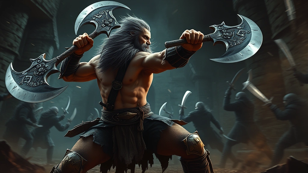 A muscular barbarian warrior mid-combat swing, dual-wielding massive axes against shadowy enemies in a dark dungeon, intense action, dynamic motion blur, photorealistic fantasy art style