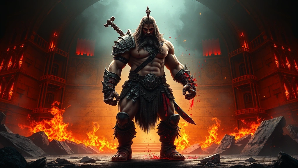 Barbarian character surrounded by glowing rage aura standing in battle-damaged arena, bloodstained armor and weapons, aggressive stance, dramatic lighting highlighting warrior physique