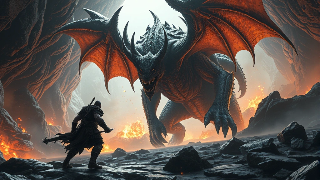 Epic boss encounter scene showing barbarian warrior facing a colossal demonic creature in massive cavern, fire and destruction in background, intense confrontation, photorealistic fantasy setting