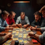 Players gathered around table playing strategic card game with intense competitive focus, dramatic lighting highlighting cards and expressions, vibrant game components visible