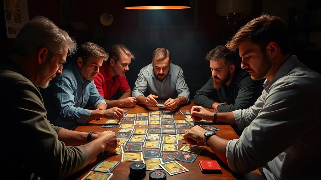 Players gathered around table playing strategic card game with intense competitive focus, dramatic lighting highlighting cards and expressions, vibrant game components visible