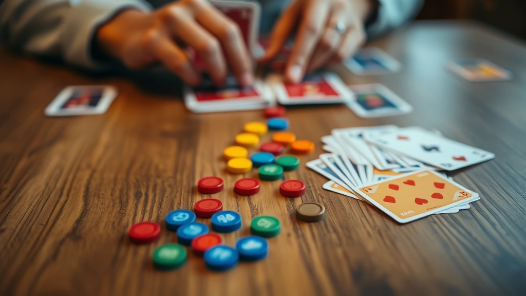 Close-up of hands playing cards with colorful card backs and tokens scattered across wooden table surface, shallow depth of field emphasizing gameplay components