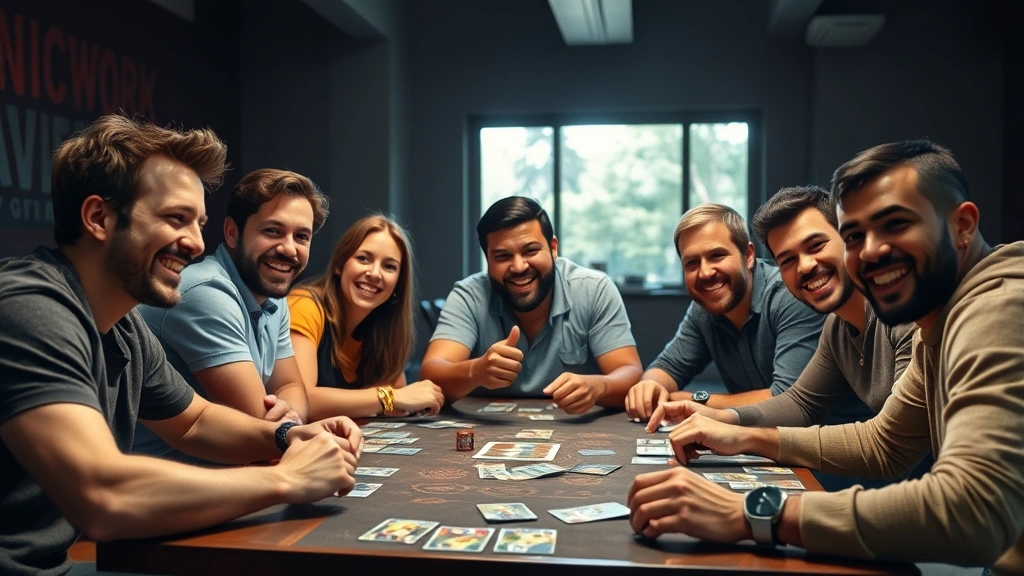 Group of diverse gamers celebrating victory moment during intense card game session, natural lighting showing genuine reactions and gaming table setup