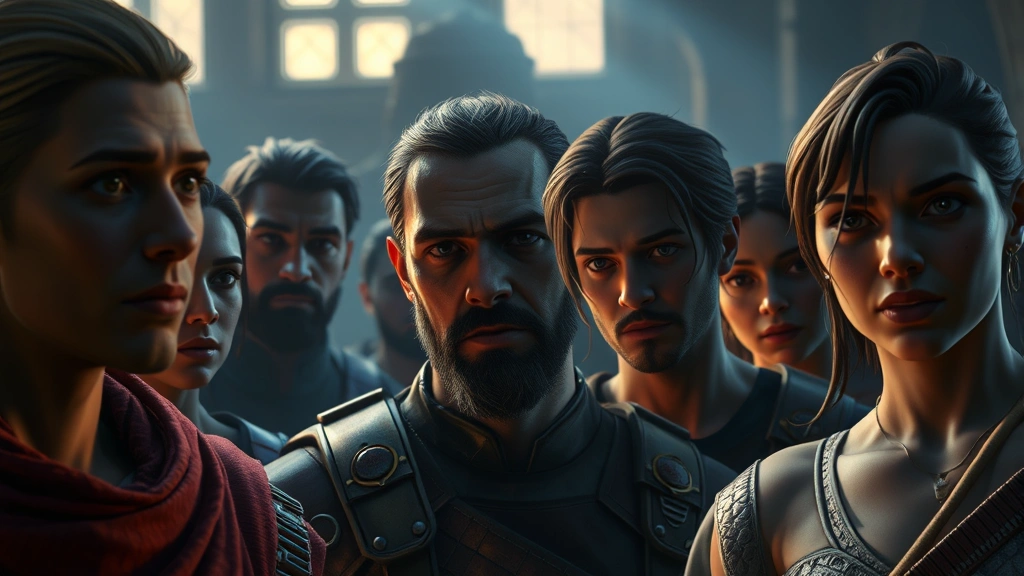 Cinematic video game scene with diverse characters in dramatic lighting, emotional expression, realistic facial details, high-quality graphics, no UI elements visible