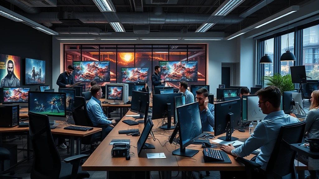 Game development studio workspace with creative professionals collaborating, modern office environment, computers with game development software, collaborative atmosphere, photorealistic