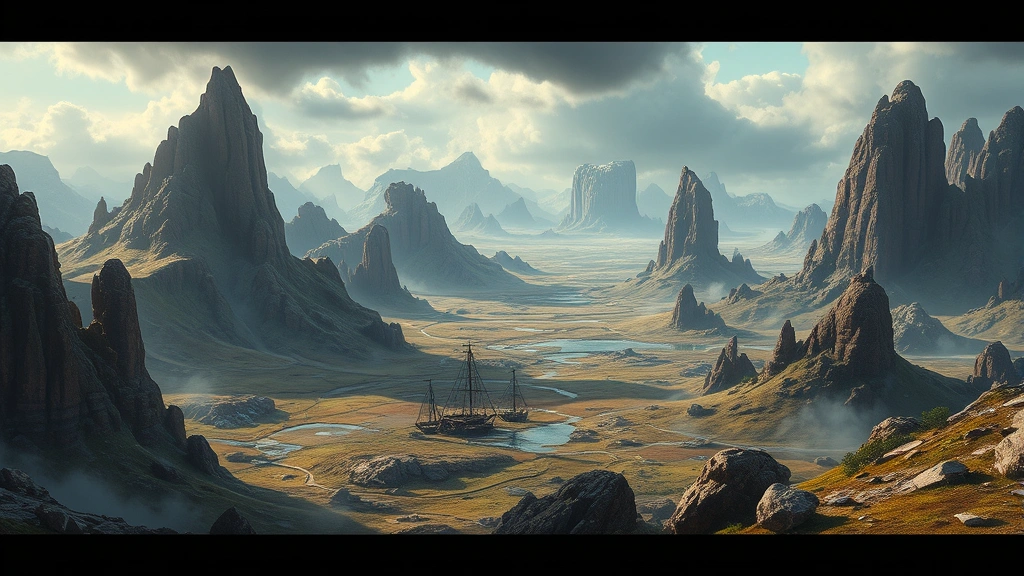 Epic fantasy or sci-fi game world landscape with rich environmental storytelling, detailed terrain, atmospheric lighting, immersive game environment, no HUD or text overlays
