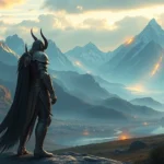 Epic fantasy RPG character in magical armor standing in an expansive glowing landscape with mountains and mystical energy, photorealistic detailed fantasy artwork