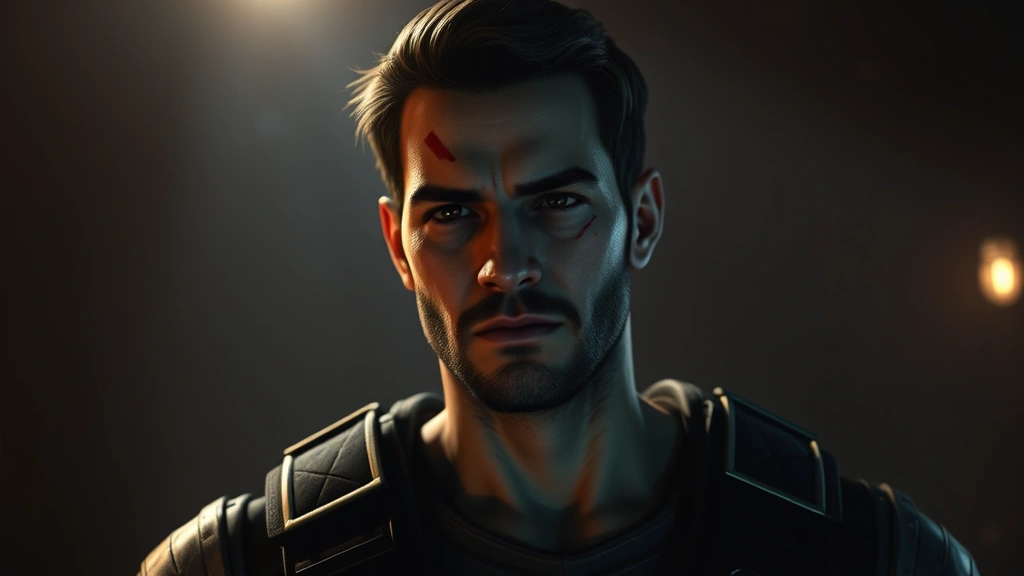 Cinematic video game scene showing main character in dramatic lighting with emotional expression, modern high-fidelity graphics showcasing 2024 gaming technology