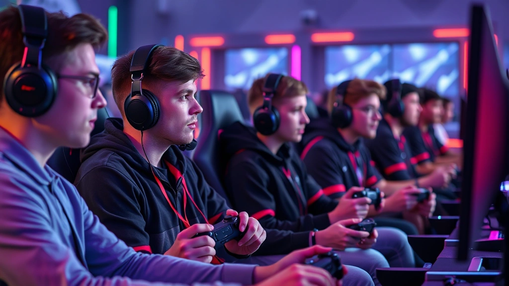 Multiple gamers sitting together playing competitively, focused expressions, controllers in hands, modern gaming setup with RGB lighting, capturing esports intensity