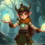 A young anthropomorphic character with shamanic appearance holding glowing magical orbs in a vibrant fantasy forest environment with ancient stone structures and mystical energy swirling around