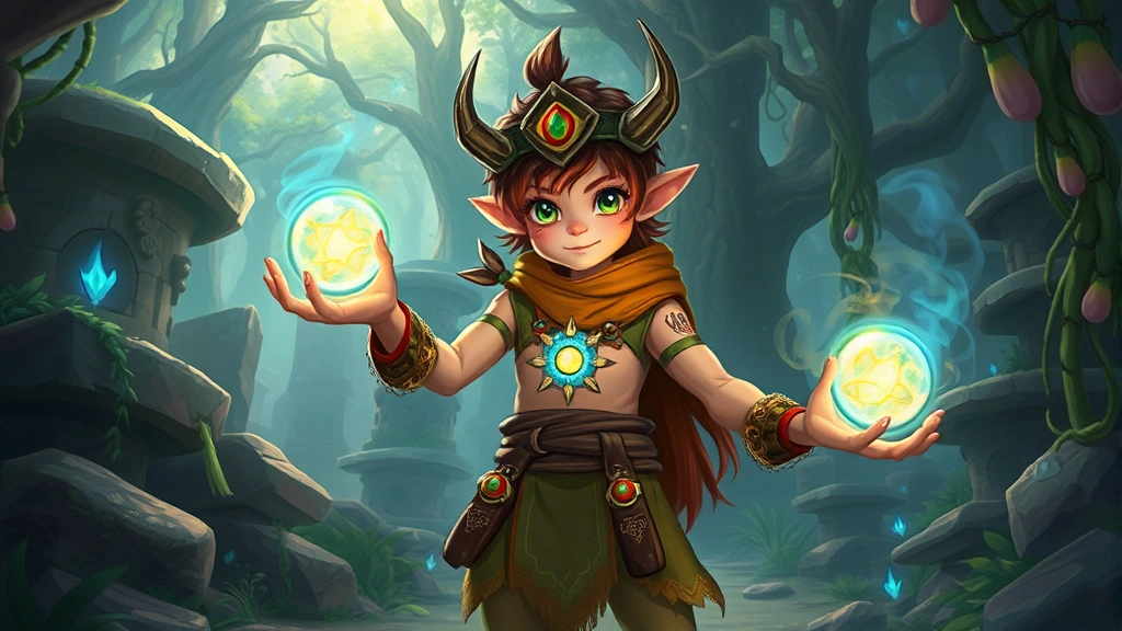 A young anthropomorphic character with shamanic appearance holding glowing magical orbs in a vibrant fantasy forest environment with ancient stone structures and mystical energy swirling around