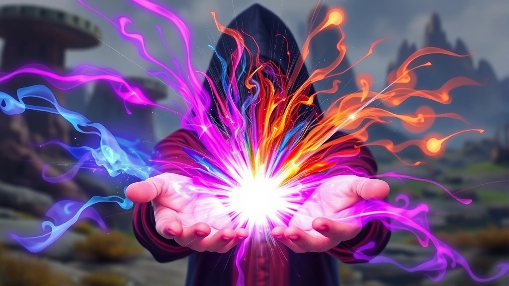 Colorful magical abilities and spell effects bursting from a character's hands with vibrant purple, blue, and orange energy trails against a fantastical landscape backdrop