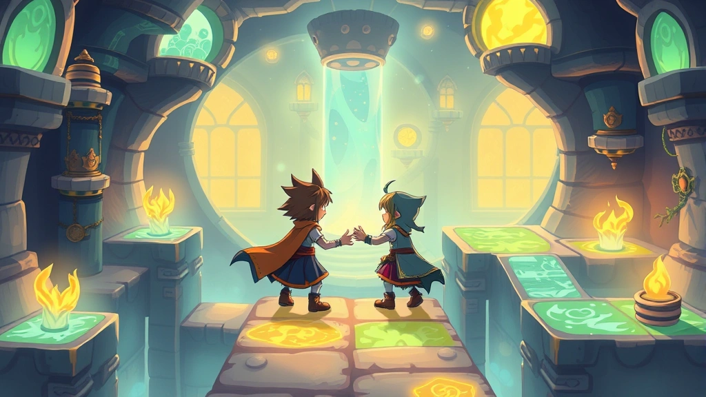 Two characters cooperating together in a puzzle chamber with magical platforms and glowing environmental elements, showcasing teamwork and shared adventure in an enchanted world