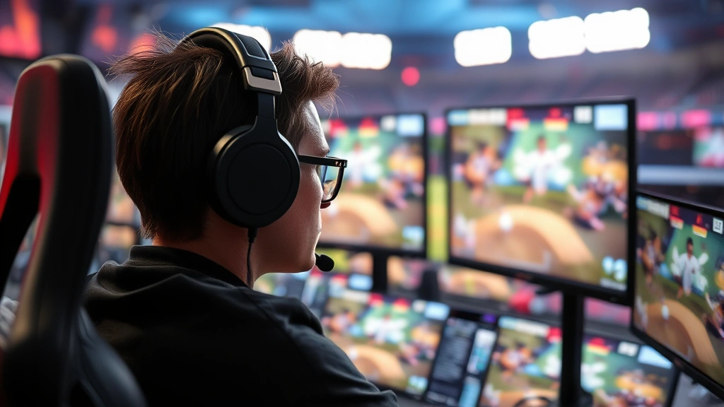 Professional esports player wearing headphones at gaming tournament setup with multiple monitors displaying baseball video game, stadium lights in background, photorealistic