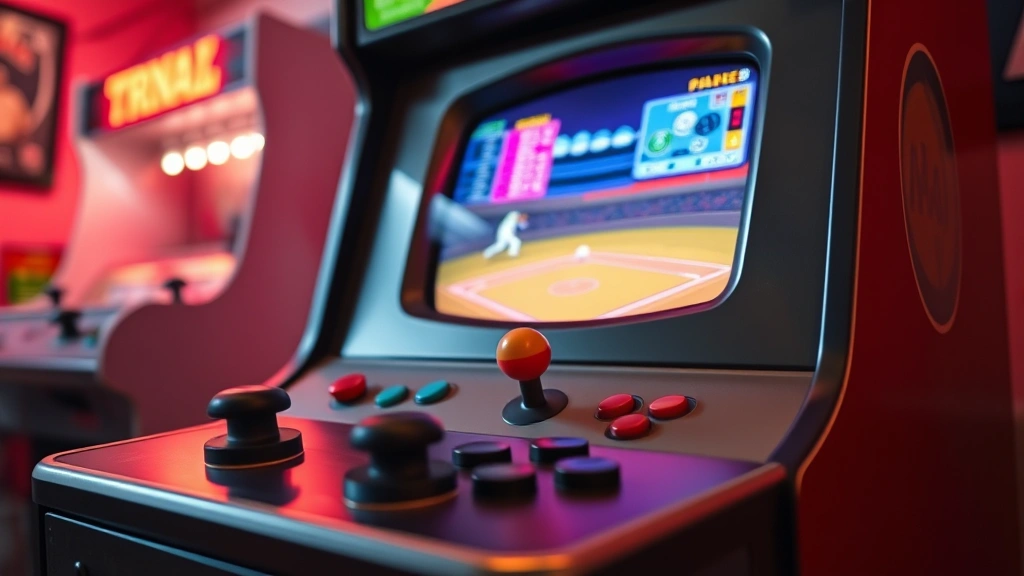 Retro gaming console with controller in foreground, classic baseball game screen glowing, vintage arcade cabinet aesthetic, warm lighting, photorealistic