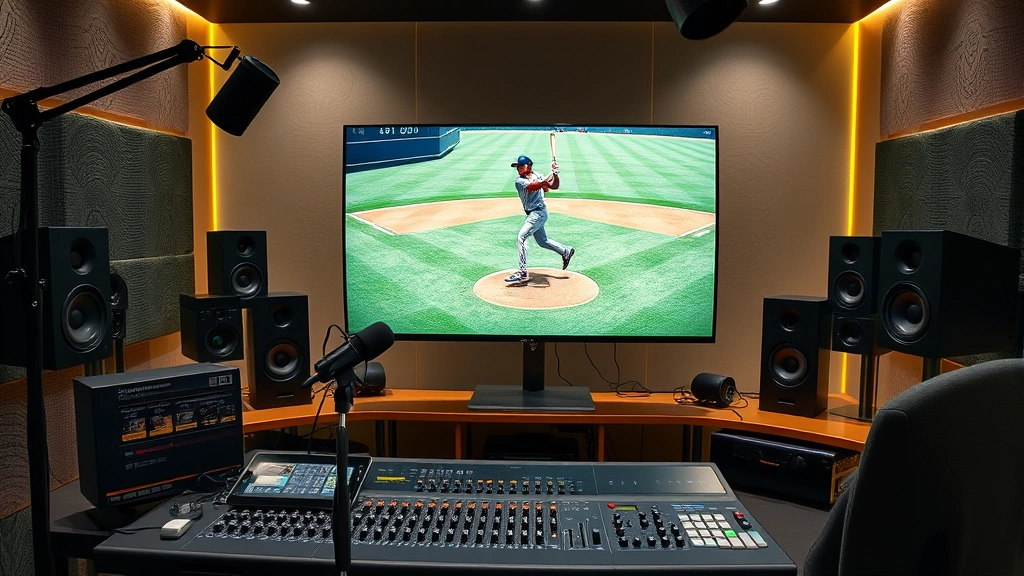 Modern gaming studio setup with high-end audio equipment, baseball game displayed on large monitor, professional microphone and soundboard visible, sleek modern design, photorealistic