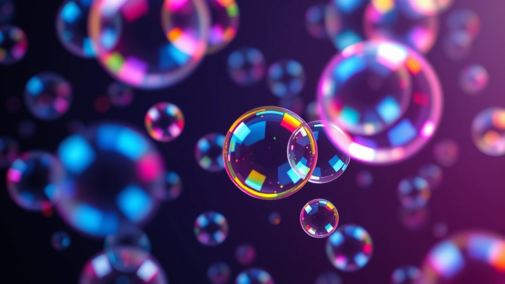Close-up of colorful translucent bubbles bouncing dynamically on a dark gaming screen, vibrant neon blues, pinks, and yellows with light reflections, photorealistic 3D render, no text or UI elements visible