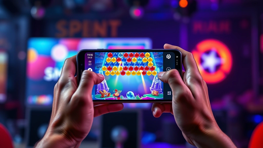 Competitive gaming setup with hands hovering over mobile device showing bubble-popping game, ambient RGB lighting in background, focused intensity on player's face, photorealistic photography, no HUD or menu text