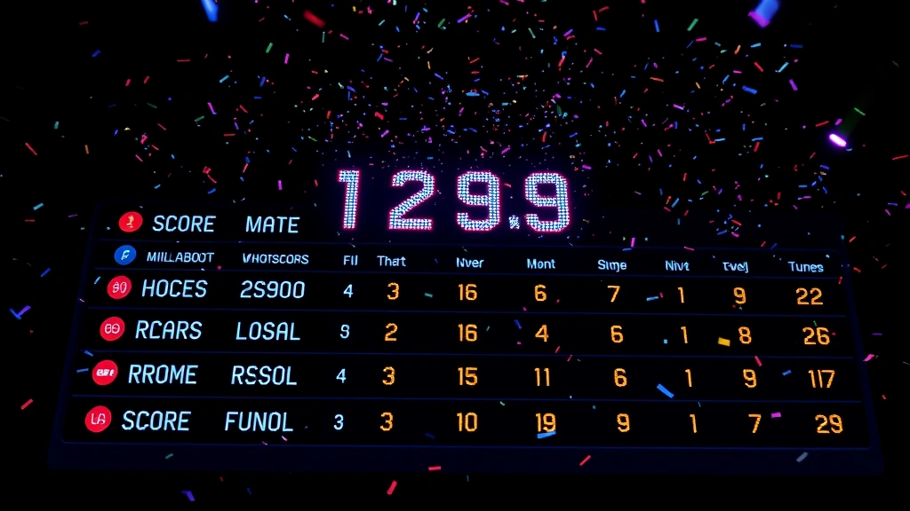 Leaderboard celebration moment with digital confetti effects and glowing score numbers floating upward, dark background with neon color accents, photorealistic digital art, no readable text or interface elements