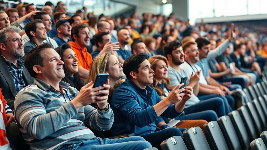Diverse group of sports fans in stadium seats reacting emotionally to game action, some holding phones and taking photos, genuine expressions, natural stadium atmosphere