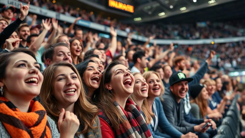 Close-up of excited fans celebrating in crowded stadium section, diverse ages and backgrounds, genuine joy and engagement, professional sports venue setting