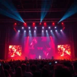 Photorealistic concert stage with bright LED screens and crowd energy, professional lighting design, no text or UI elements visible