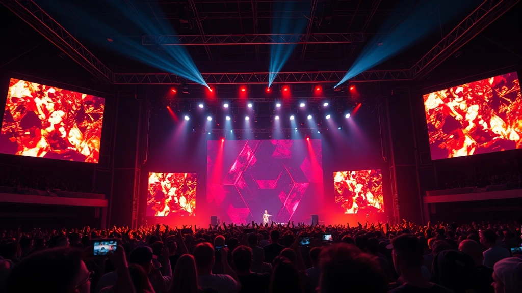 Photorealistic concert stage with bright LED screens and crowd energy, professional lighting design, no text or UI elements visible