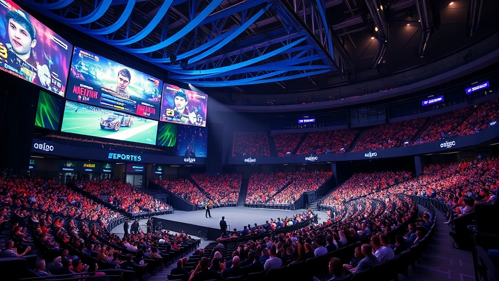 Modern esports arena with large screens displaying competitive gameplay, professional stadium seating filled with spectators, dynamic lighting atmosphere