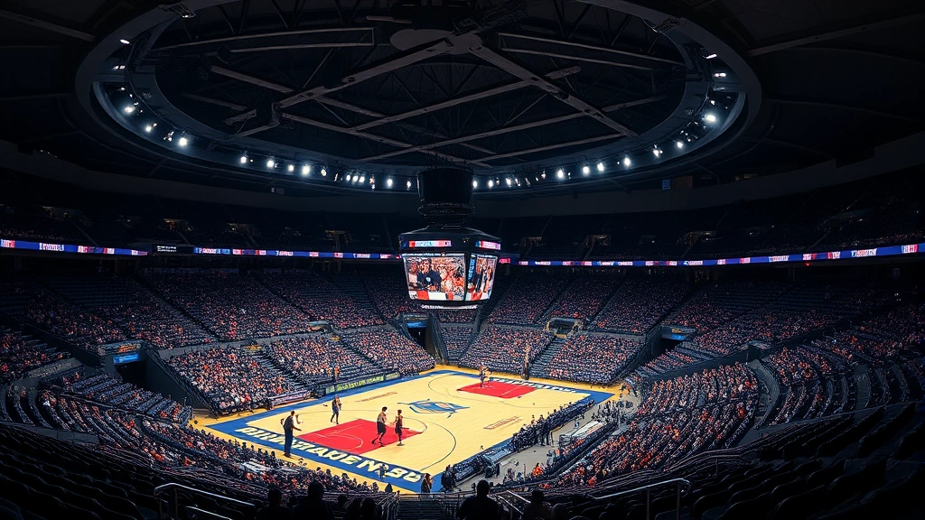 Realistic sports stadium interior showing courtside seating area during evening game, professional photography lighting, crowd in background, no visible signage or text