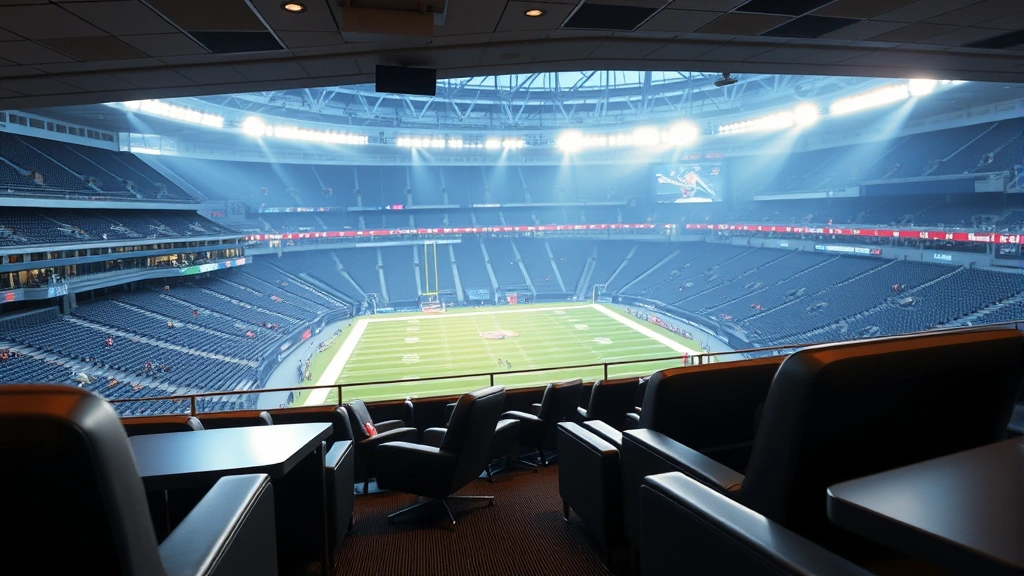 Close-up of luxury suite viewing area at professional football stadium with comfortable seating, modern amenities, and dramatic stadium lighting in background, empty seats with premium furnishings