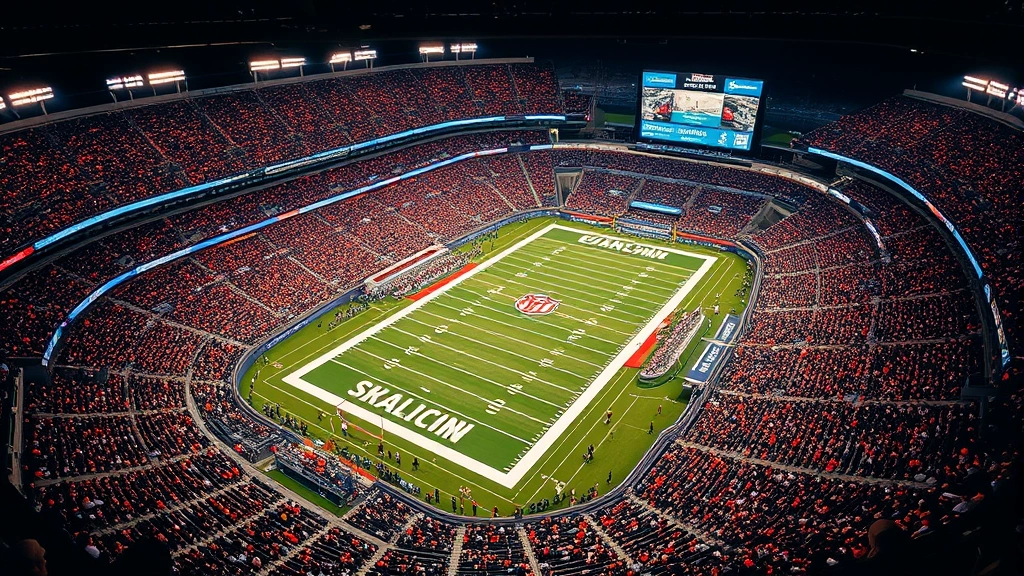 Aerial view of packed NFL stadium during game with field visible, crowd energy evident through packed stands and lighting effects, dramatic evening atmosphere with no identifying text or player numbers visible