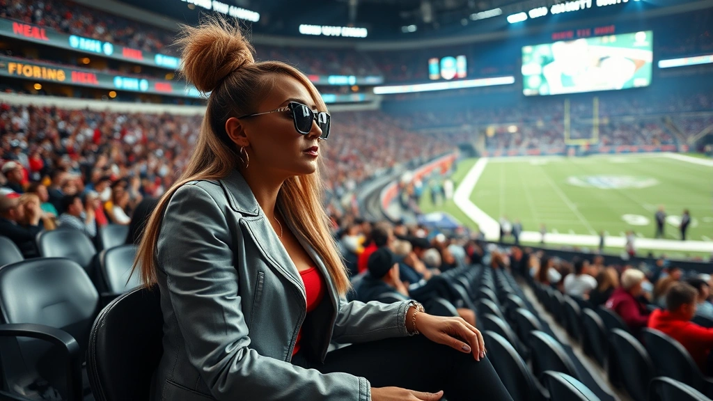 Professional female pop star attending a major sporting event in an NFL stadium, wearing stylish game day outfit, sitting in premium seating area, surrounded by enthusiastic fans, bright stadium lighting, energetic crowd atmosphere, photorealistic high-quality image