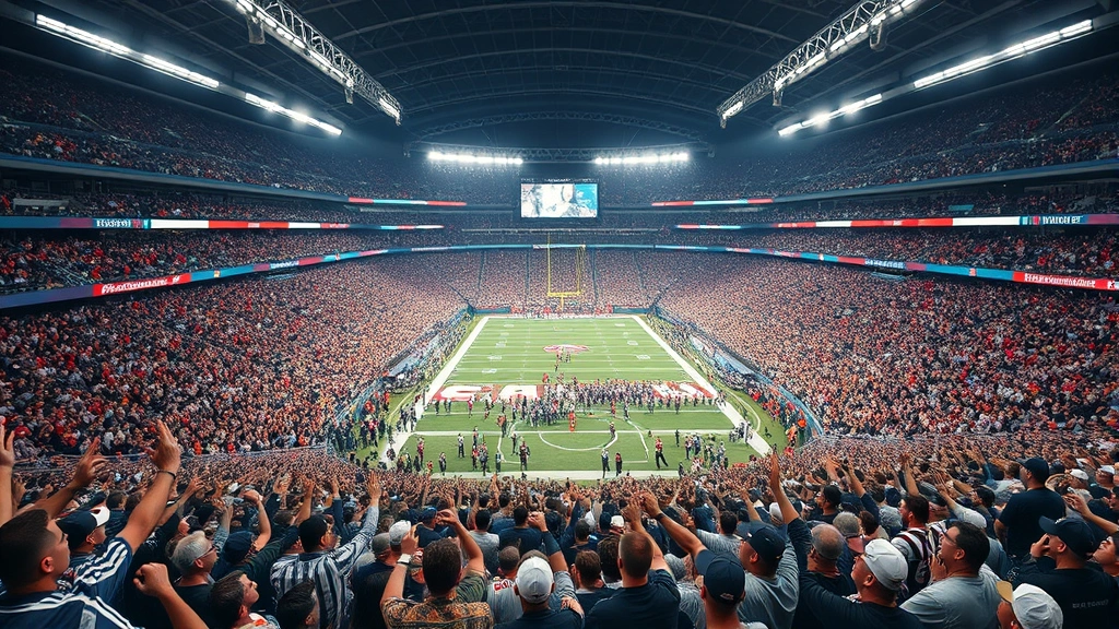 Crowded NFL stadium during exciting game moment with thousands of passionate fans cheering, vibrant atmosphere, stadium lights illuminating the field, diverse crowd showing genuine excitement and celebration, photorealistic wide-angle stadium photography, no visible player identifiers or game UI elements