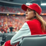 A woman in red and white Chiefs colors sitting in a luxury stadium suite, watching professional football intently, surrounded by cheering fans in the background, photorealistic stadium lighting