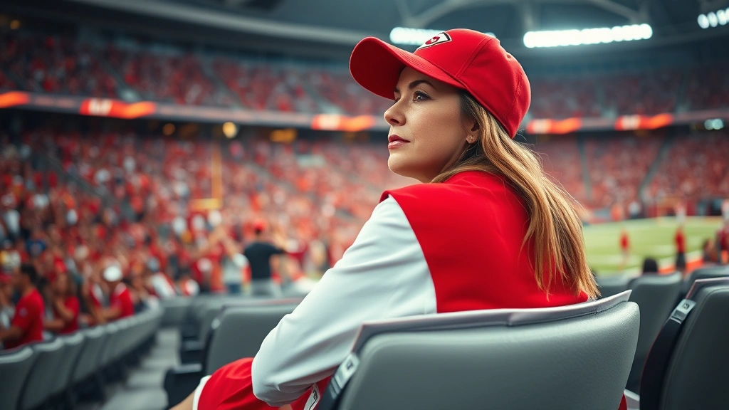 A woman in red and white Chiefs colors sitting in a luxury stadium suite, watching professional football intently, surrounded by cheering fans in the background, photorealistic stadium lighting