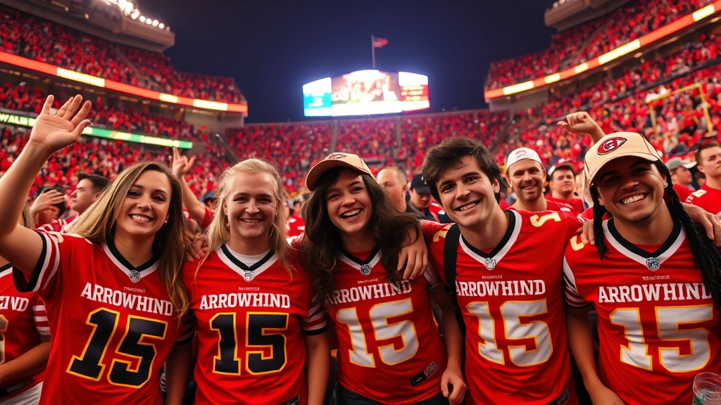 A crowded Arrowhead Stadium packed with excited fans wearing custom jerseys combining music lyrics with football references, electric game day atmosphere with stadium lights reflecting off happy faces