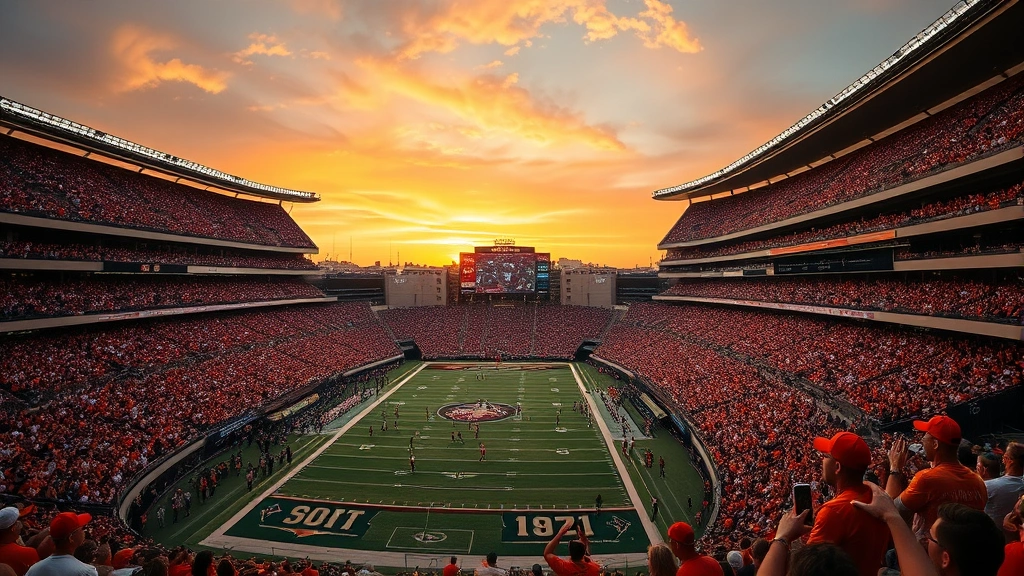 Wide-angle stadium shot during sunset with packed crowd, Texas and Arizona State fans cheering passionately, field visible with players in action, atmospheric stadium lighting, professional sports photography
