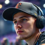 Professional esports player wearing team-branded baseball cap at gaming tournament, stadium lighting, intense focused expression, high-quality fabric visible
