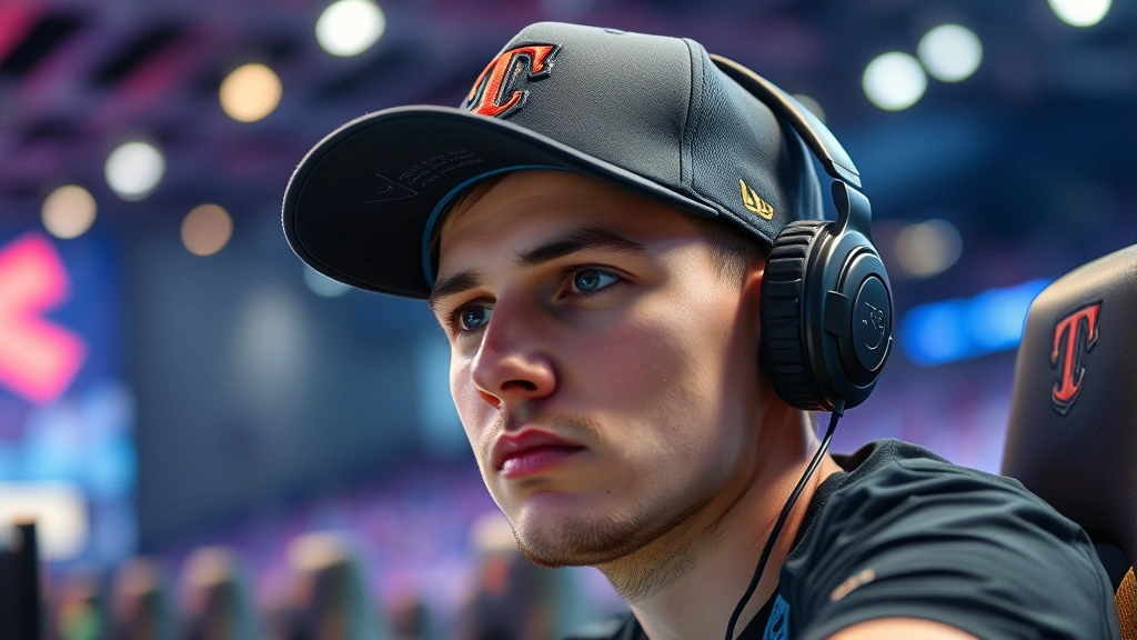 Professional esports player wearing team-branded baseball cap at gaming tournament, stadium lighting, intense focused expression, high-quality fabric visible
