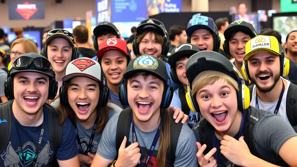 Diverse group of gamers wearing different gaming-themed hats at gaming convention, excited expressions, various hat styles displayed, gaming environment background