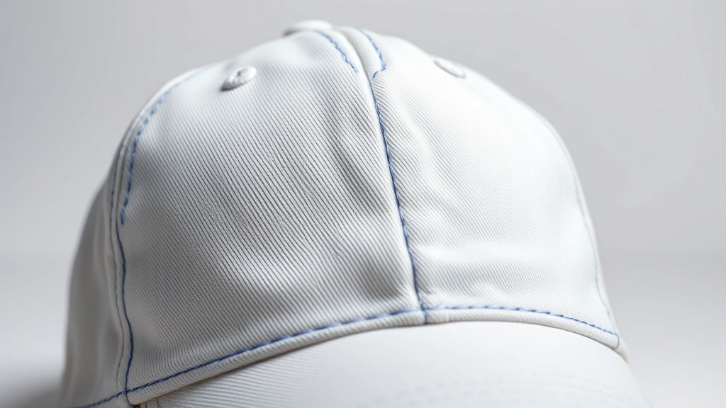 Close-up of premium embroidered gaming hat showing intricate stitching details, professional photography studio lighting, high-quality cotton material, clean neutral background