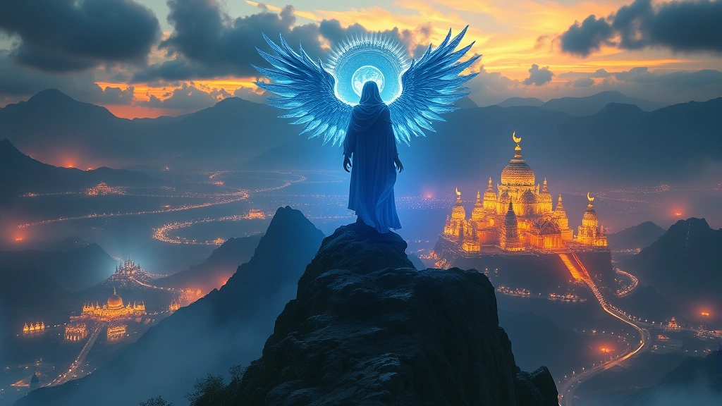 Majestic god-like figure standing on a mountain overlooking a vast fantasy kingdom with glowing temples and mystical energy, photorealistic divine being with ethereal light surrounding them, epic fantasy landscape