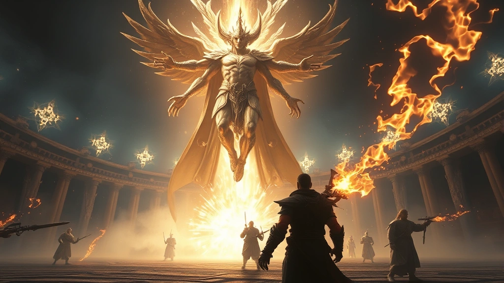Player character facing off against a towering divine entity in a grand arena, intense moment of conflict between mortal and god, dramatic lighting with magical effects and cosmic energy swirling, photorealistic game scene
