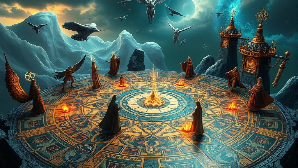 Intricate game board or cosmic game arena with multiple players and divine pieces, representing the concept of gods playing games with mortals, celestial realm with floating islands and magical runes, photorealistic fantasy setting